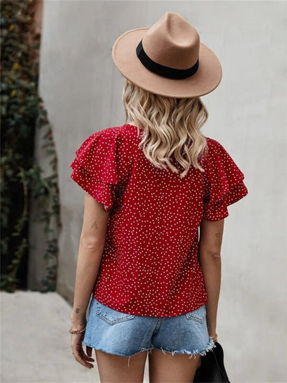 Ruffled Polka Dot Round Neck Short Sleeve Blouse Blouse Trendsi   