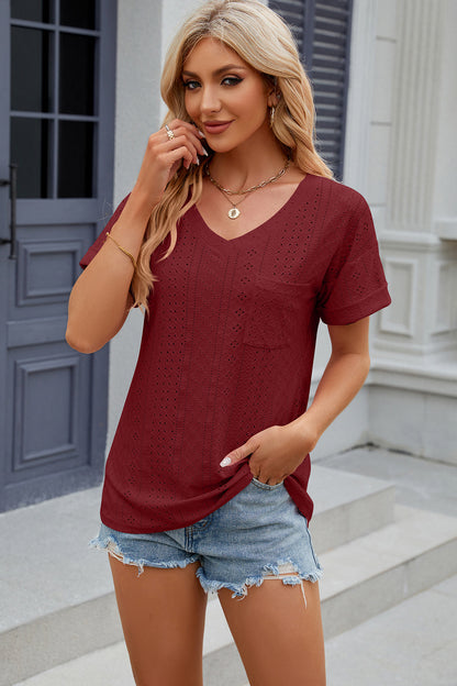 Eyelet V-Neck Short Sleeve T-Shirt T-Shirt Trendsi   