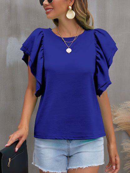 Round Neck Flounce Sleeve Blouse Blouse Trendsi Royal  Blue S 