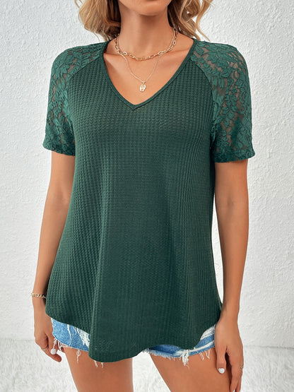 Lace Detail V-Neck Short Sleeve T-Shirt T-Shirt Trendsi Green S 