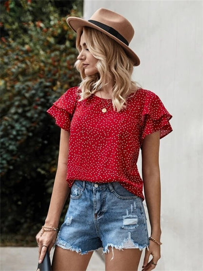 Ruffled Polka Dot Round Neck Short Sleeve Blouse Blouse Trendsi Wine S 