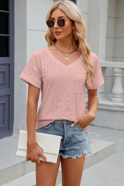 Eyelet V-Neck Short Sleeve T-Shirt T-Shirt Trendsi   