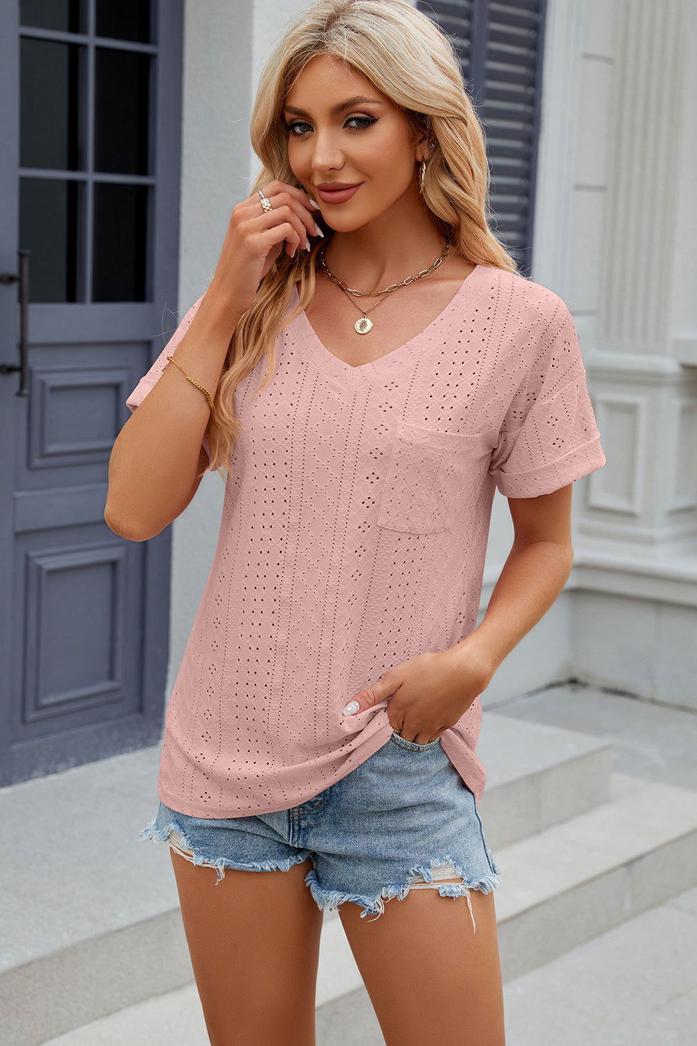 Eyelet V-Neck Short Sleeve T-Shirt T-Shirt Trendsi Light Mauve S 