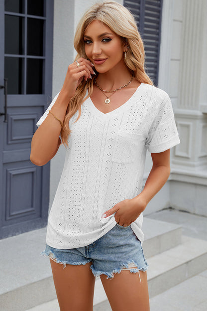 Eyelet V-Neck Short Sleeve T-Shirt T-Shirt Trendsi White S 