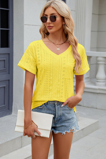 Eyelet V-Neck Short Sleeve T-Shirt T-Shirt Trendsi Canary Yellow S 