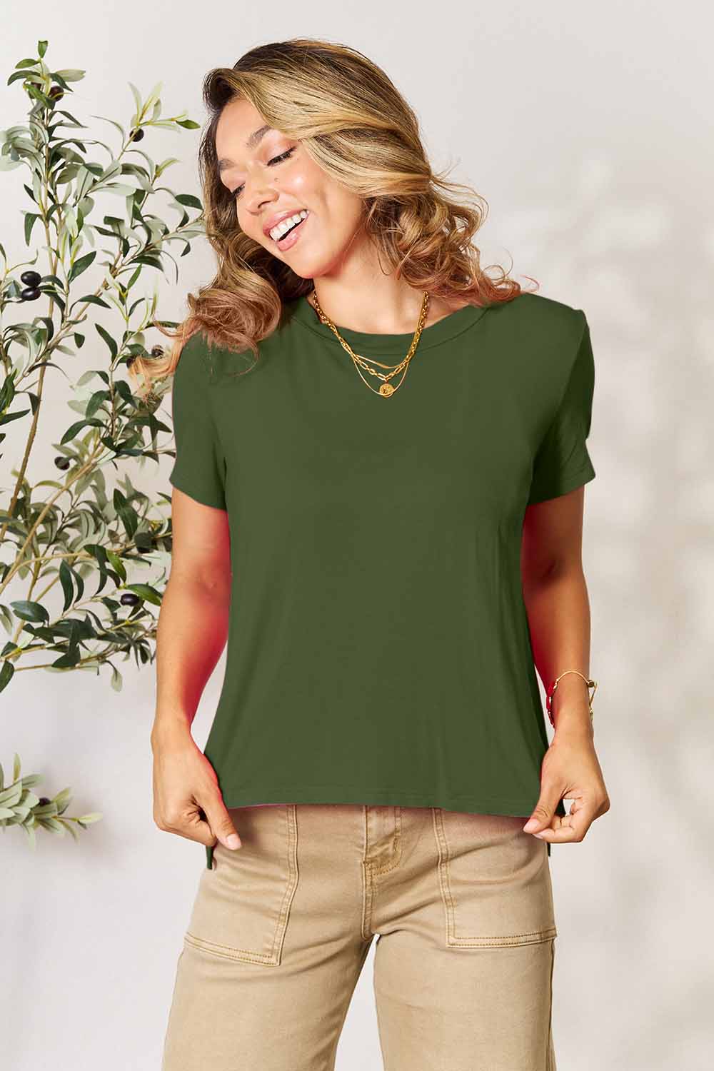 Basic Bae Full Size Round Neck Short Sleeve T-Shirt T-Shirt Trendsi Moss S 