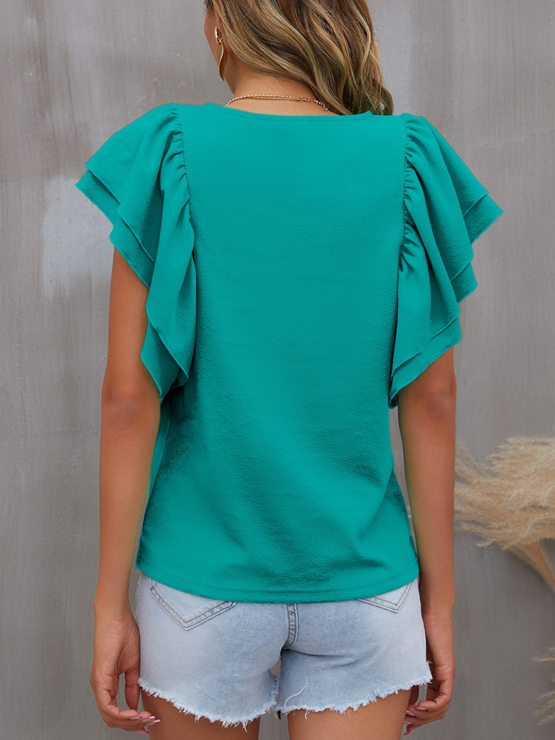 Round Neck Flounce Sleeve Blouse Blouse Trendsi   