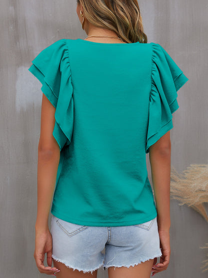 Round Neck Flounce Sleeve Blouse Blouse Trendsi   