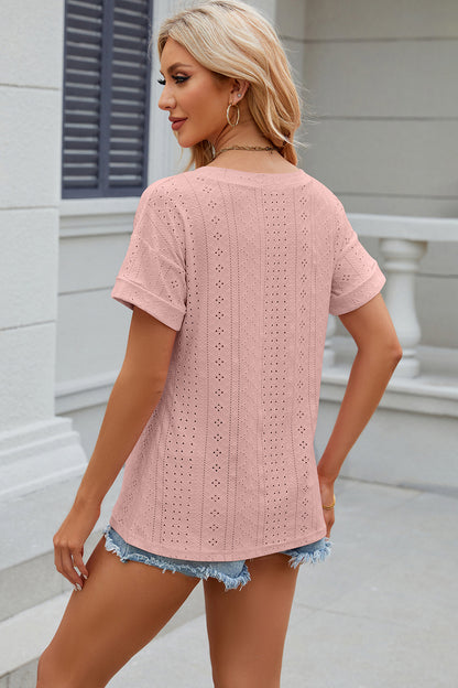 Eyelet V-Neck Short Sleeve T-Shirt T-Shirt Trendsi   