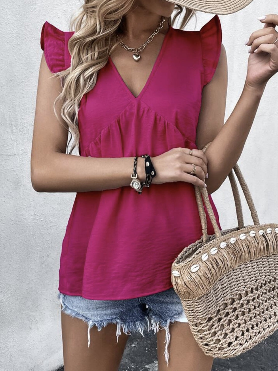 Ruffled V-Neck Cap Sleeve Blouse