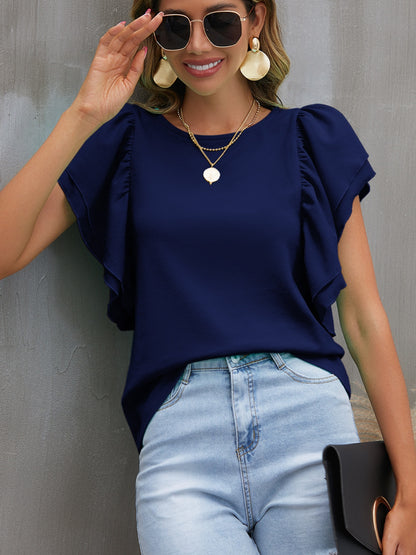 Round Neck Flounce Sleeve Blouse Blouse Trendsi Navy S 