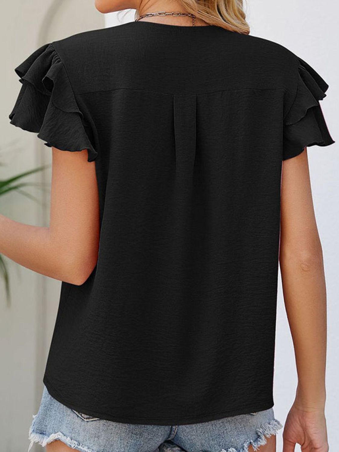 Ruffled V-Neck Cap Sleeve Blouse Blouse Trendsi   