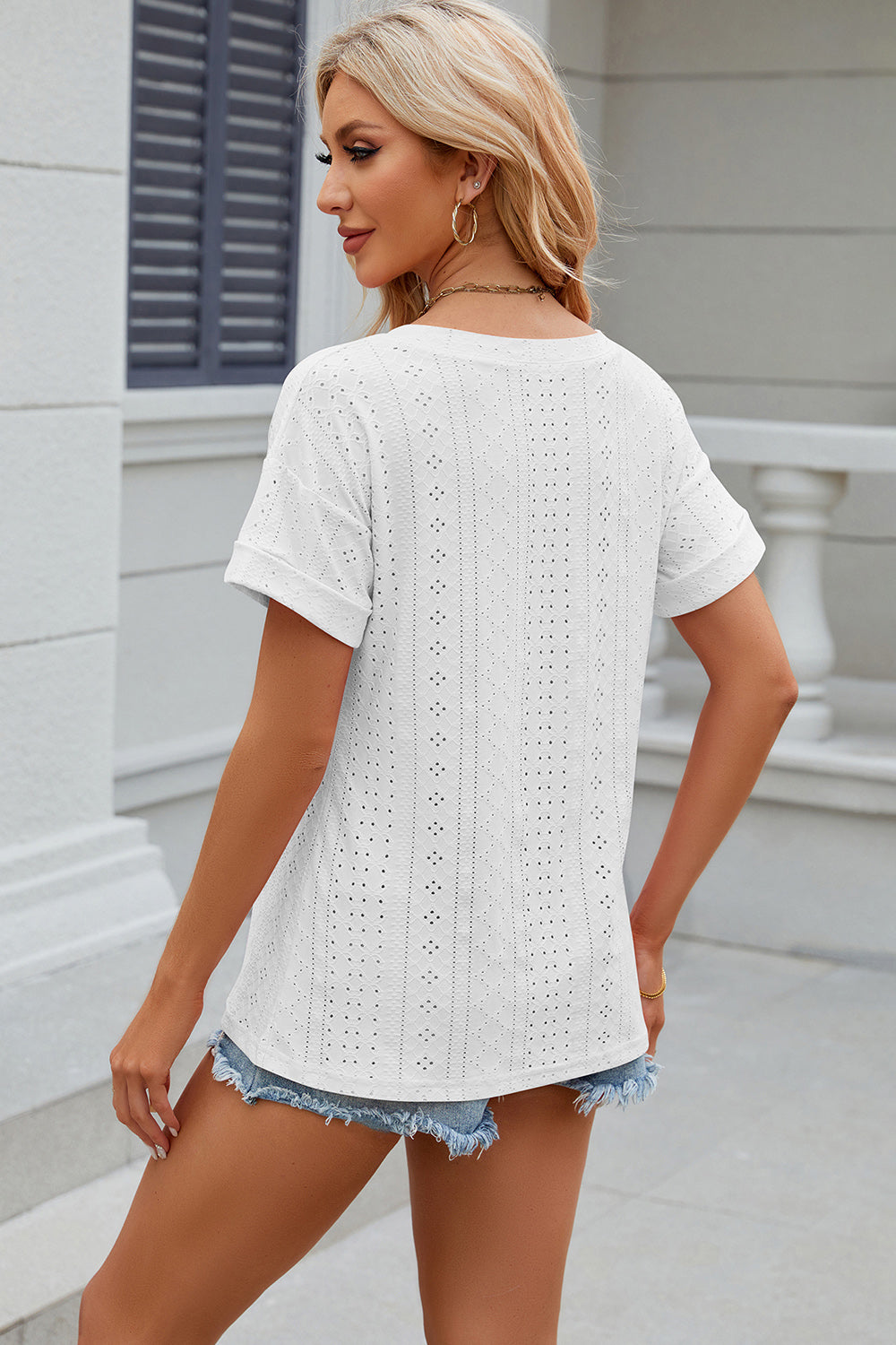 Eyelet V-Neck Short Sleeve T-Shirt T-Shirt Trendsi   