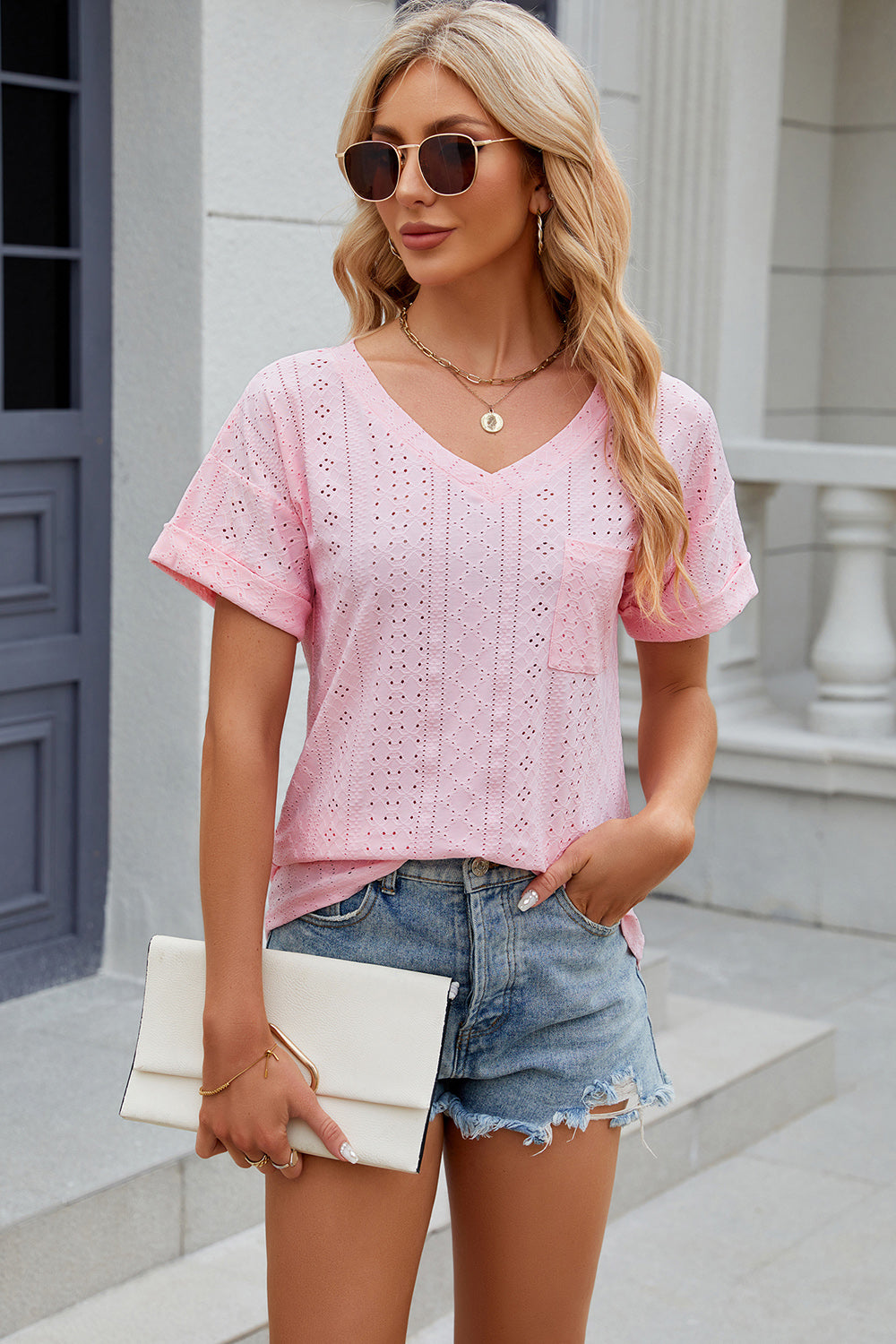 Eyelet V-Neck Short Sleeve T-Shirt T-Shirt Trendsi Blush Pink S 