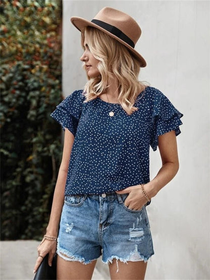 Ruffled Polka Dot Round Neck Short Sleeve Blouse Blouse Trendsi Navy S 