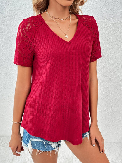 Lace Detail V-Neck Short Sleeve T-Shirt T-Shirt Trendsi   