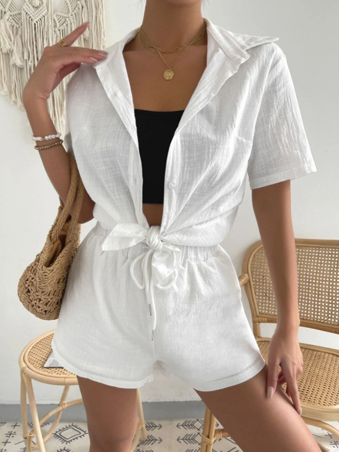 Button Up Short Sleeve Shirt and Drawstring Shorts Set Set Trendsi White S 