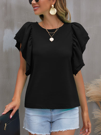 Round Neck Flounce Sleeve Blouse Blouse Trendsi Black S 