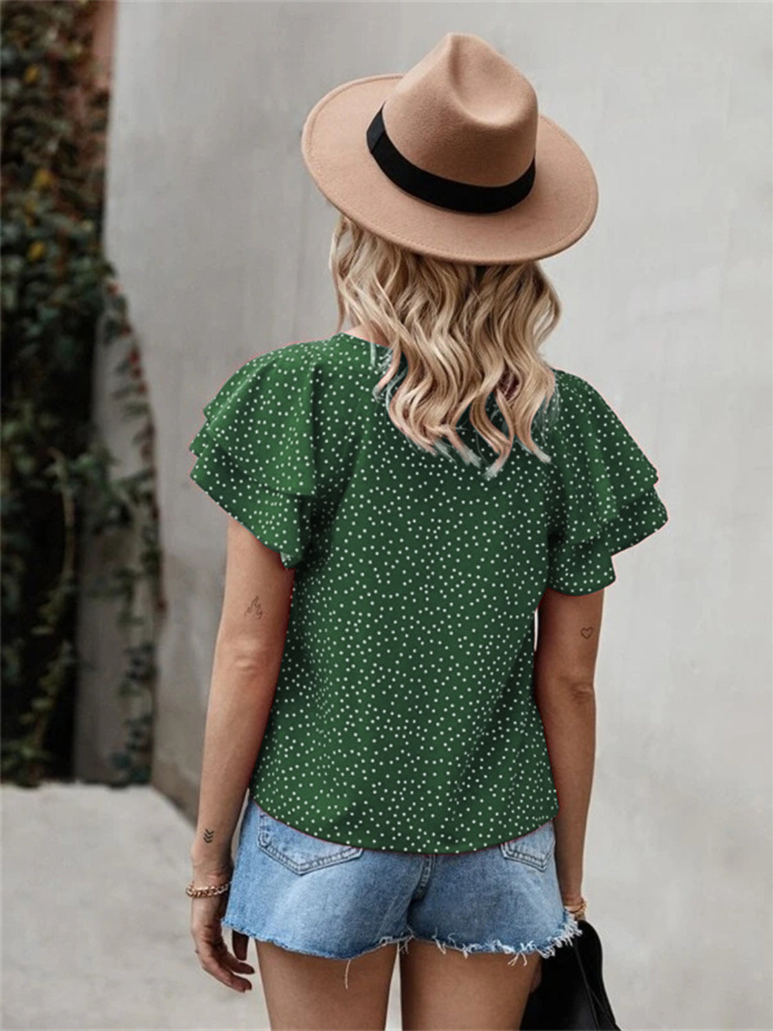 Ruffled Polka Dot Round Neck Short Sleeve Blouse Blouse Trendsi   