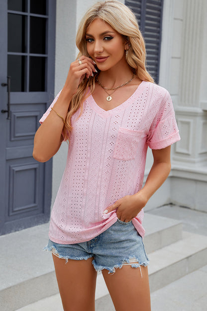 Eyelet V-Neck Short Sleeve T-Shirt T-Shirt Trendsi   