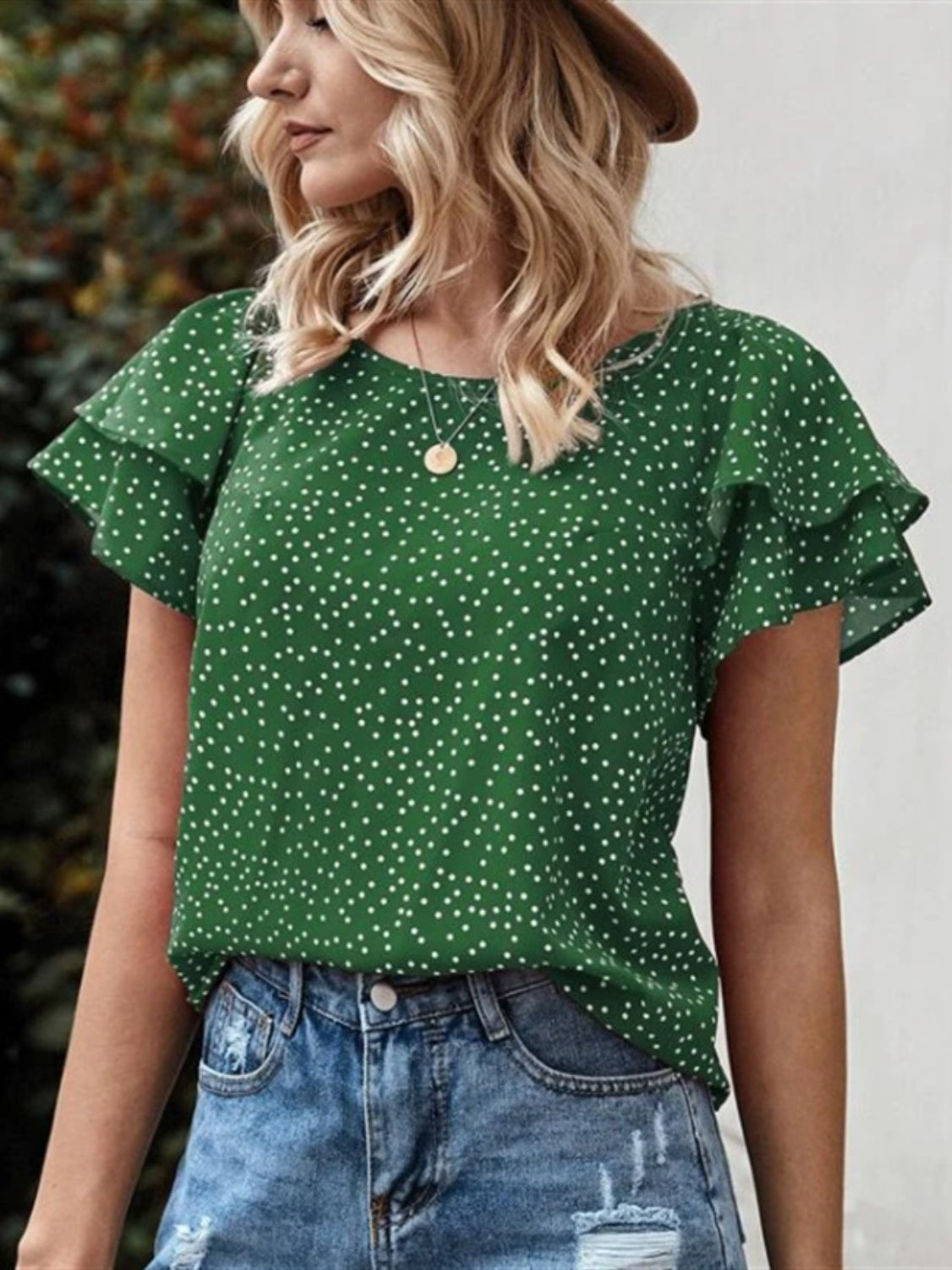 Ruffled Polka Dot Round Neck Short Sleeve Blouse Blouse Trendsi Green S 