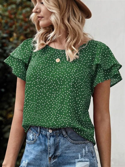 Ruffled Polka Dot Round Neck Short Sleeve Blouse Blouse Trendsi Green S 