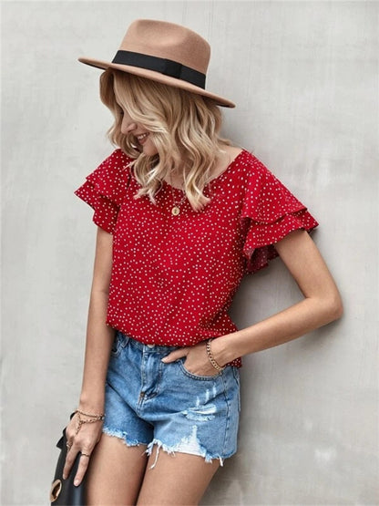 Ruffled Polka Dot Round Neck Short Sleeve Blouse Blouse Trendsi   