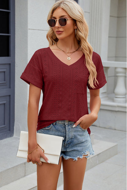 Eyelet V-Neck Short Sleeve T-Shirt T-Shirt Trendsi Wine S 