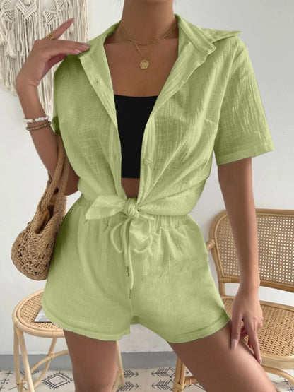 Button Up Short Sleeve Shirt and Drawstring Shorts Set Set Trendsi   