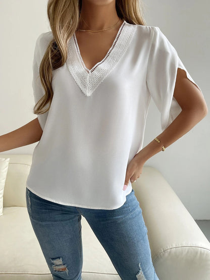 V-Neck Short Sleeve Blouse Blouse Trendsi White S 