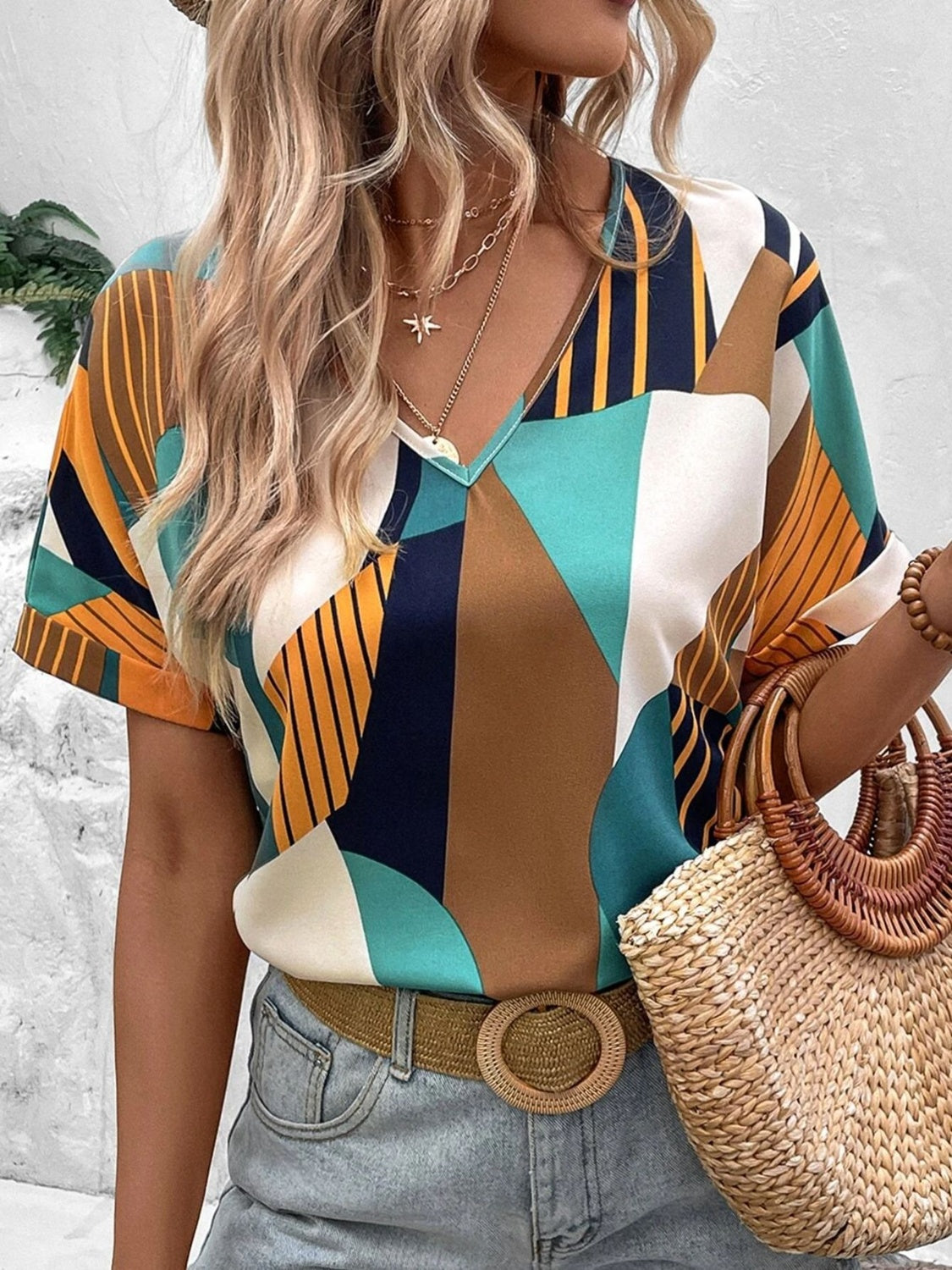 Printed V-Neck Short Sleeve Blouse