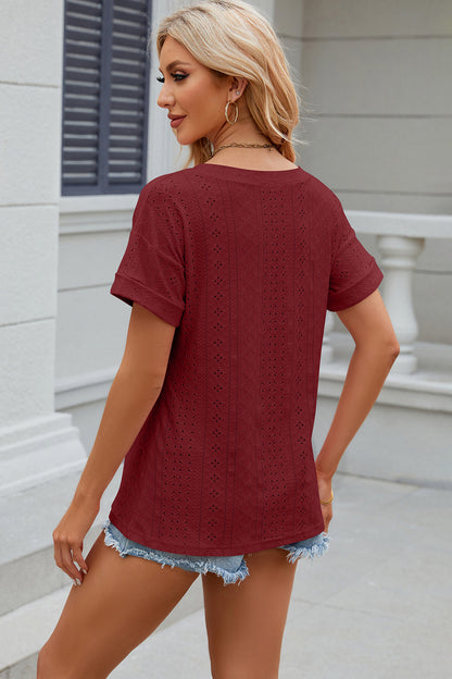 Eyelet V-Neck Short Sleeve T-Shirt T-Shirt Trendsi   