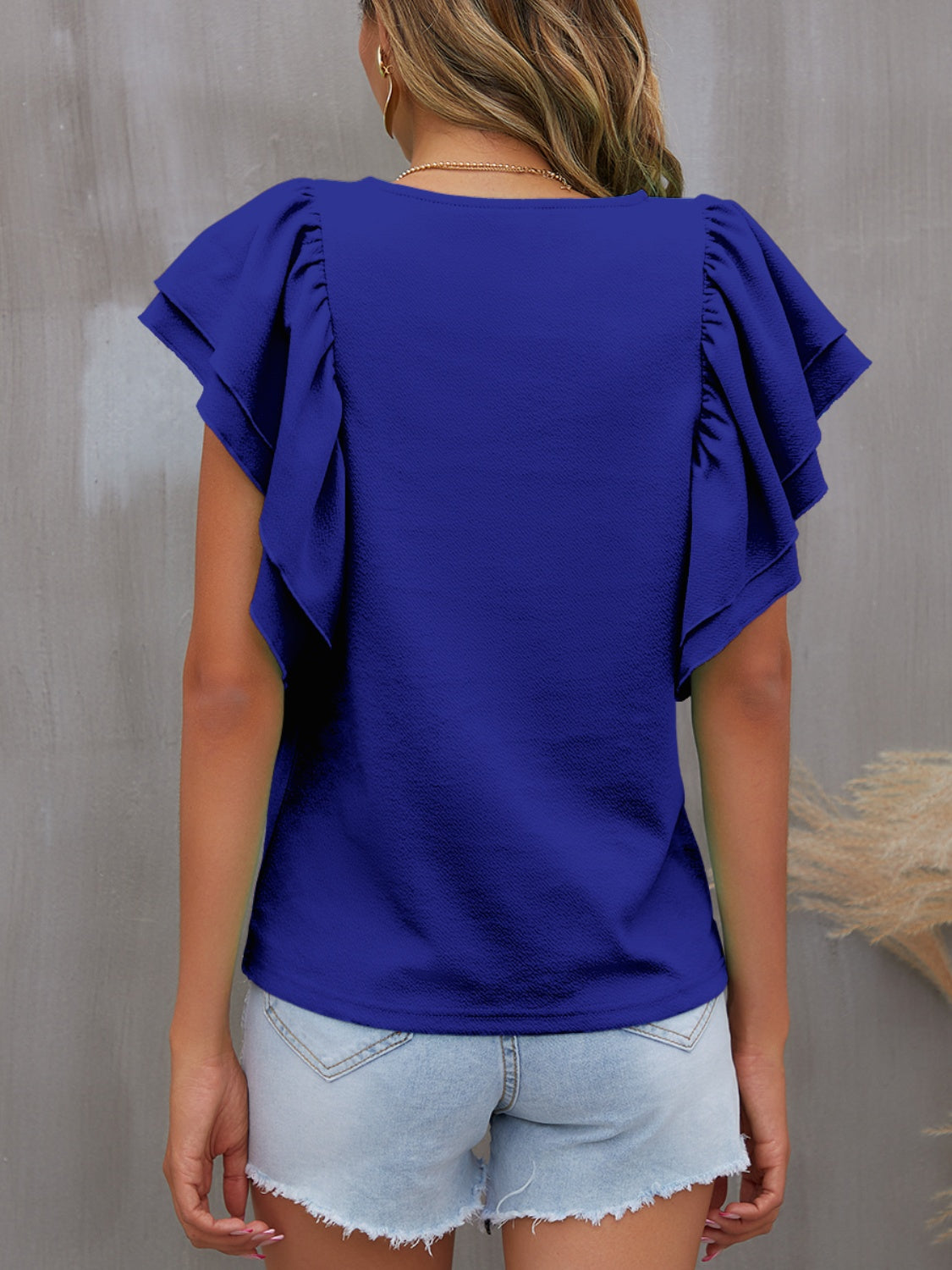 Round Neck Flounce Sleeve Blouse Blouse Trendsi   