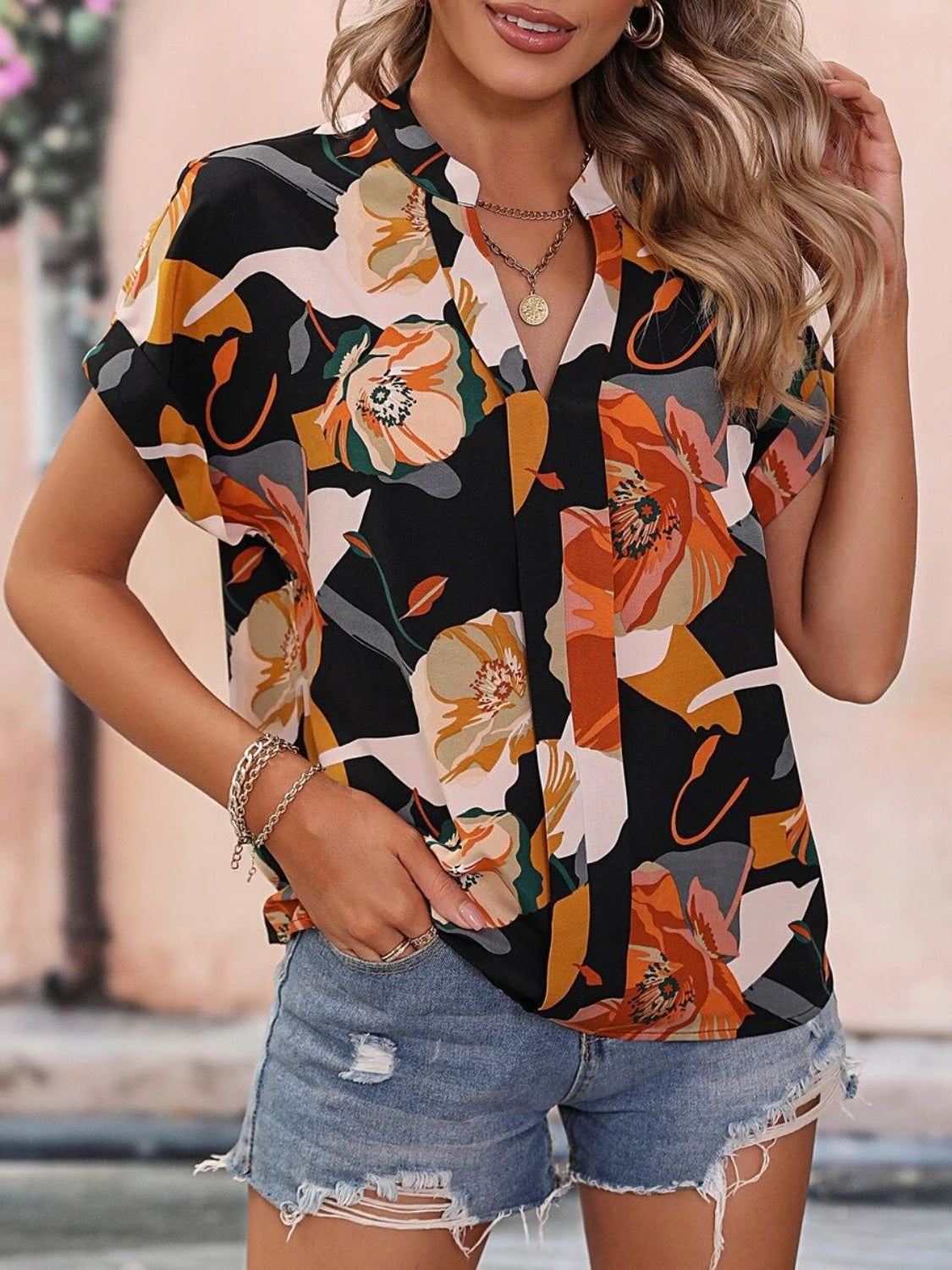 Printed Notched Short Sleeve Blouse Blouse Trendsi   