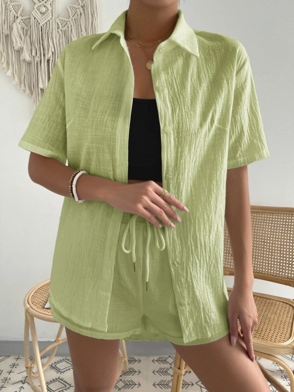 Button Up Short Sleeve Shirt and Drawstring Shorts Set Set Trendsi Light Green S 