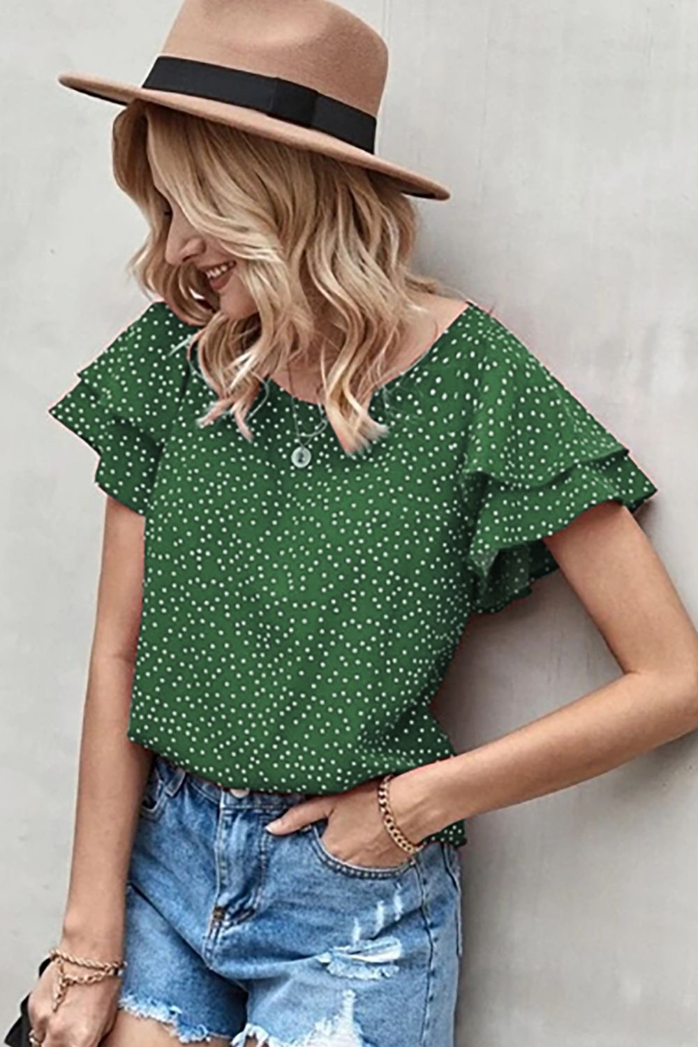 Ruffled Polka Dot Round Neck Short Sleeve Blouse Blouse Trendsi   