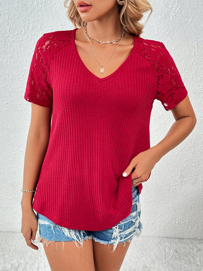 Lace Detail V-Neck Short Sleeve T-Shirt T-Shirt Trendsi Scarlet S 