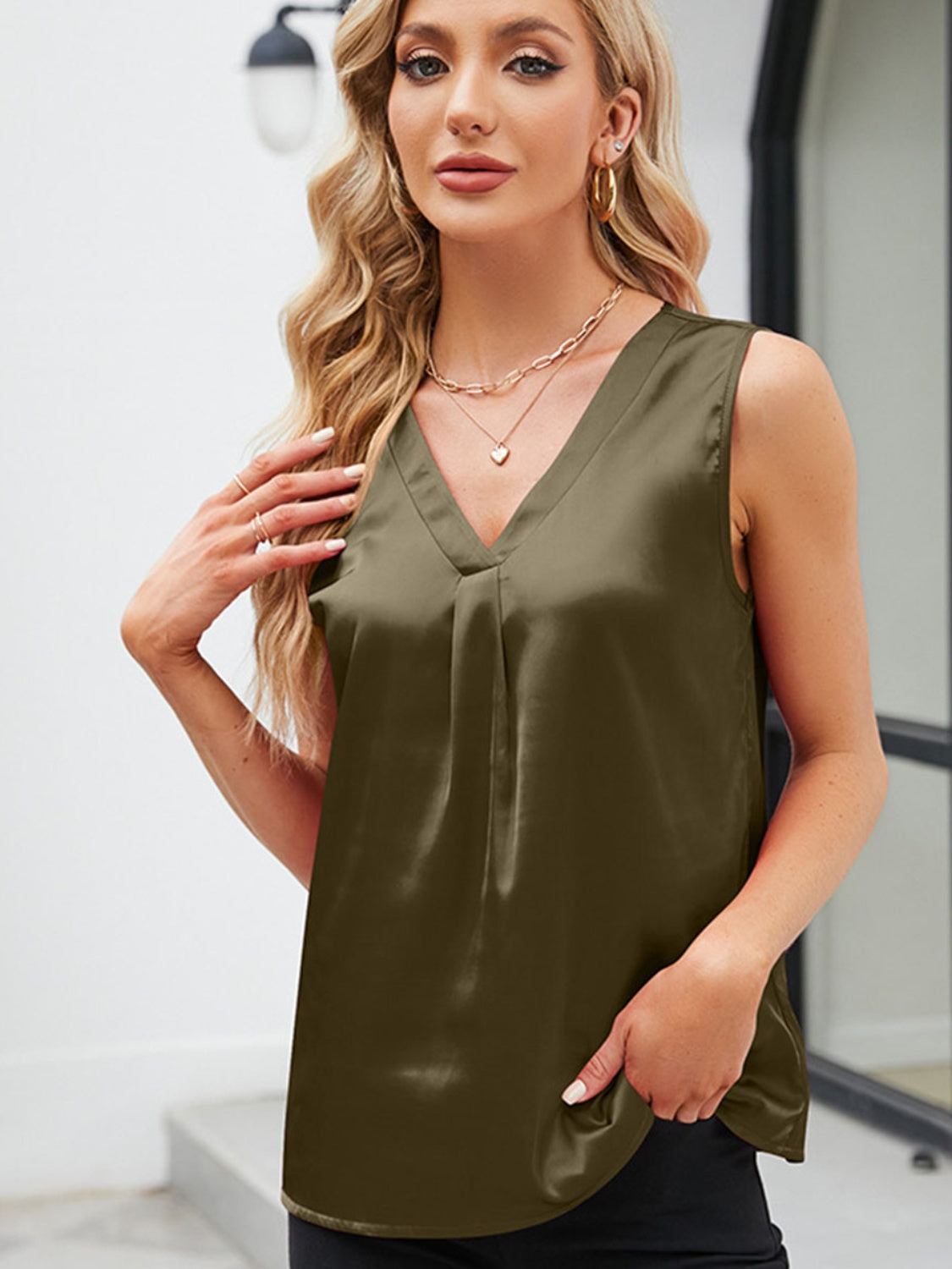 V-Neck Wide Strap Tank Tank Trendsi Army Green S 