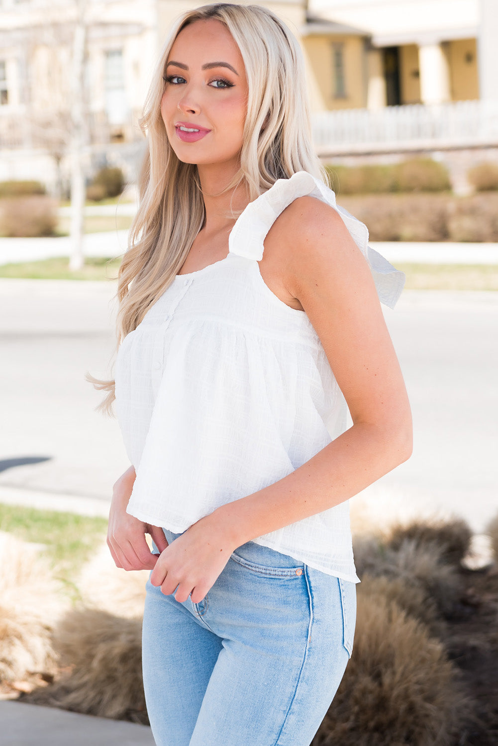 Ruffled Square Neck Wide Strap Tank Tank Trendsi   