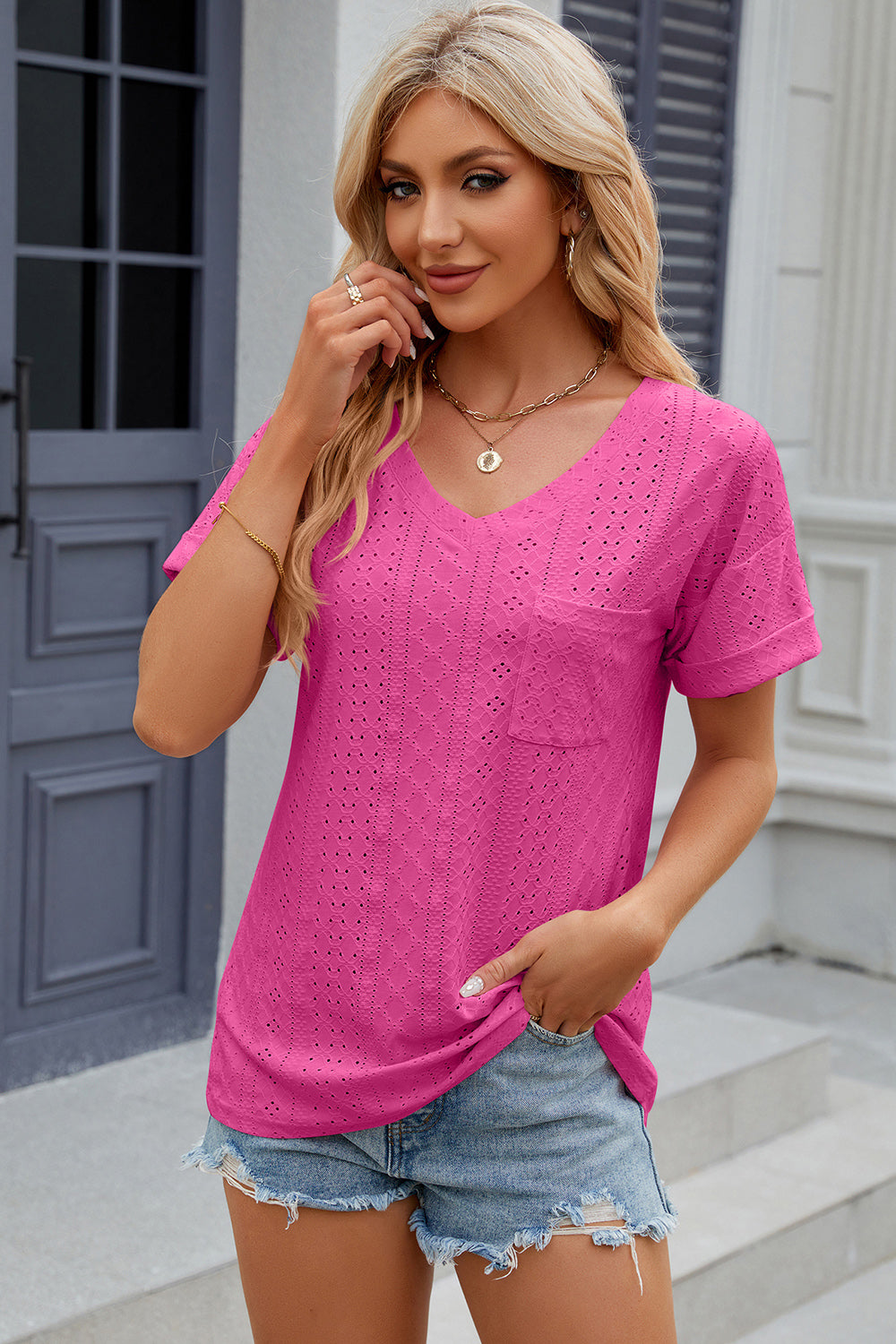 Eyelet V-Neck Short Sleeve T-Shirt T-Shirt Trendsi   