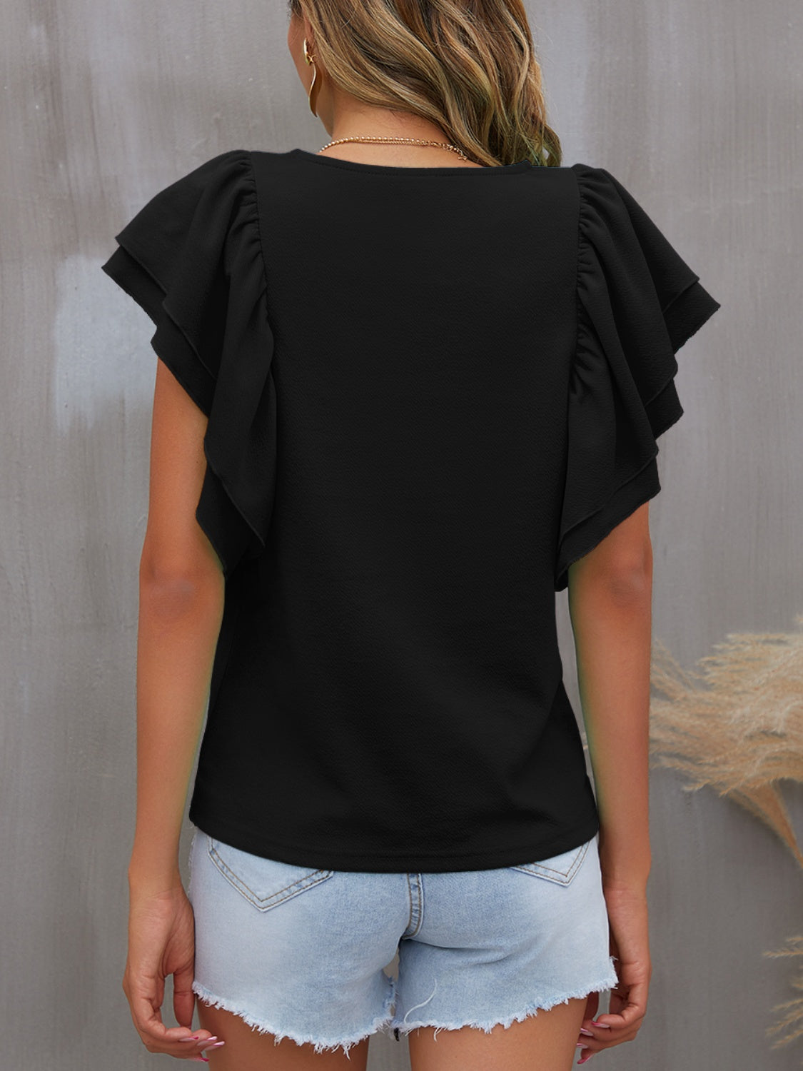 Round Neck Flounce Sleeve Blouse Blouse Trendsi   