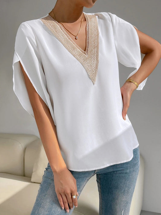 V-Neck Short Sleeve Blouse Blouse Trendsi Beige S 