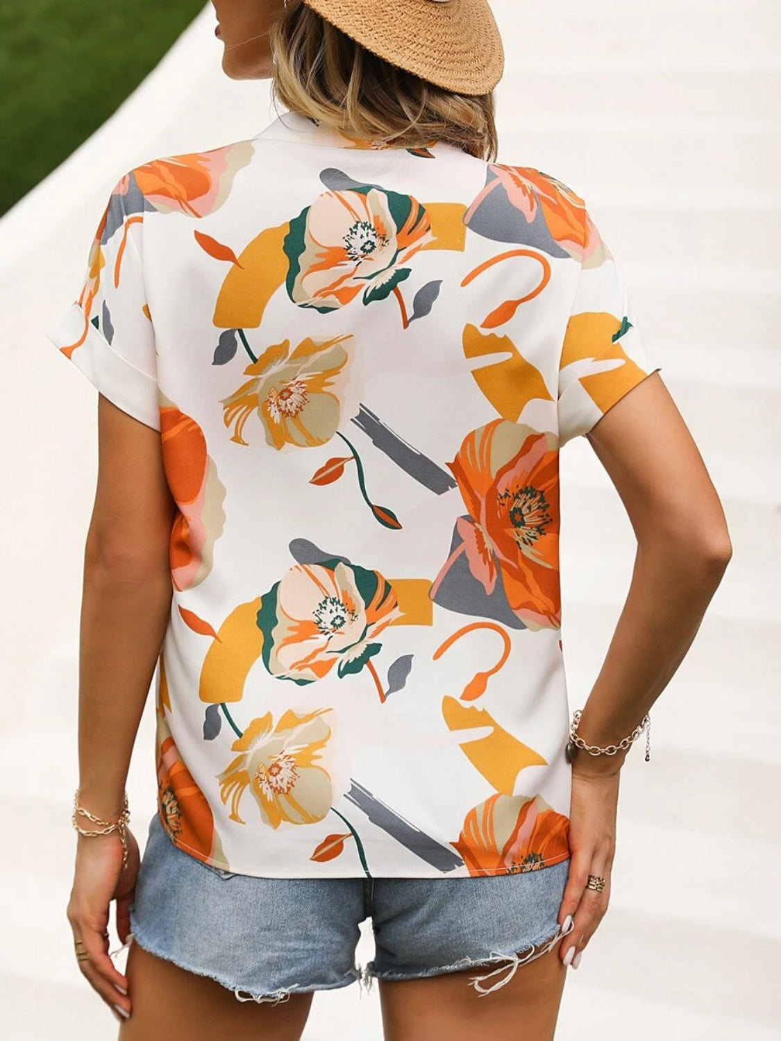 Printed Notched Short Sleeve Blouse Blouse Trendsi   