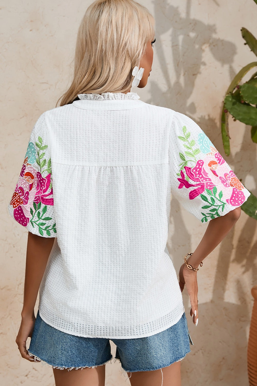 Embroidered Notched Half Sleeve Blouse Blouse Trendsi   