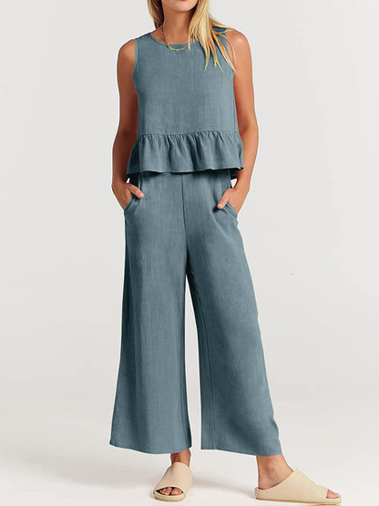 Full Size Round Neck Top and Wide Leg Pants Set