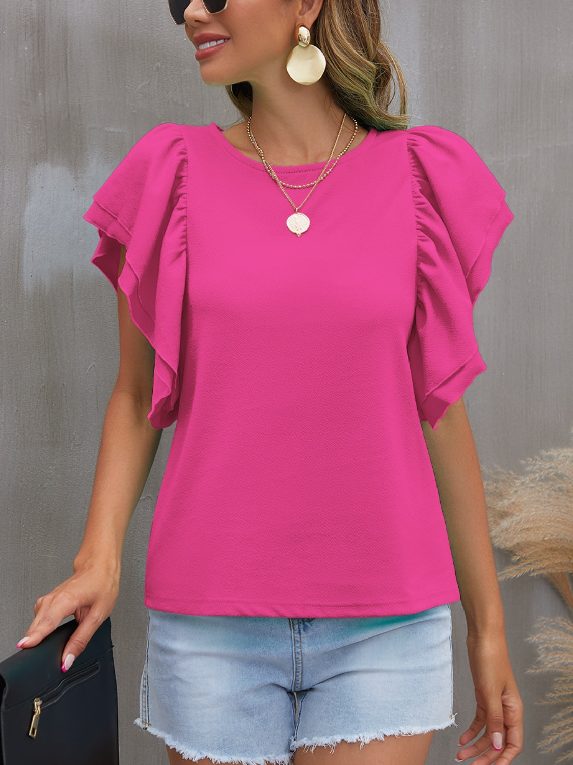 Round Neck Flounce Sleeve Blouse Blouse Trendsi Deep Rose S 