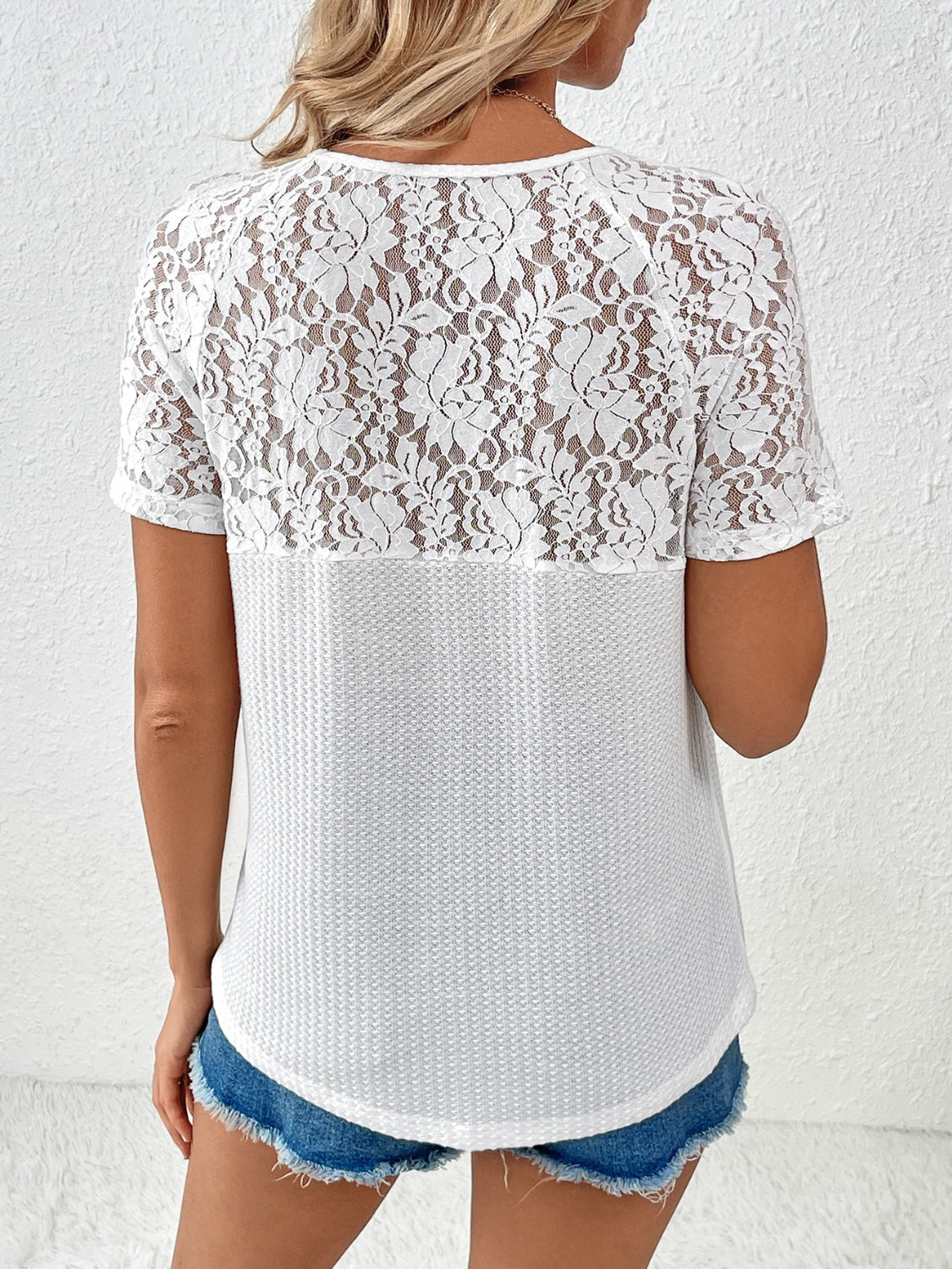 Lace Detail V-Neck Short Sleeve T-Shirt T-Shirt Trendsi   