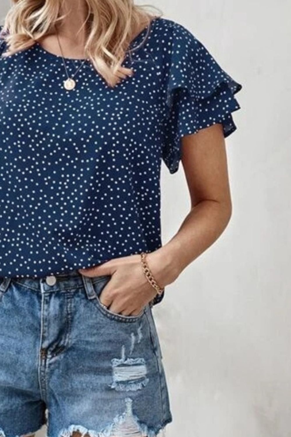 Ruffled Polka Dot Round Neck Short Sleeve Blouse Blouse Trendsi   