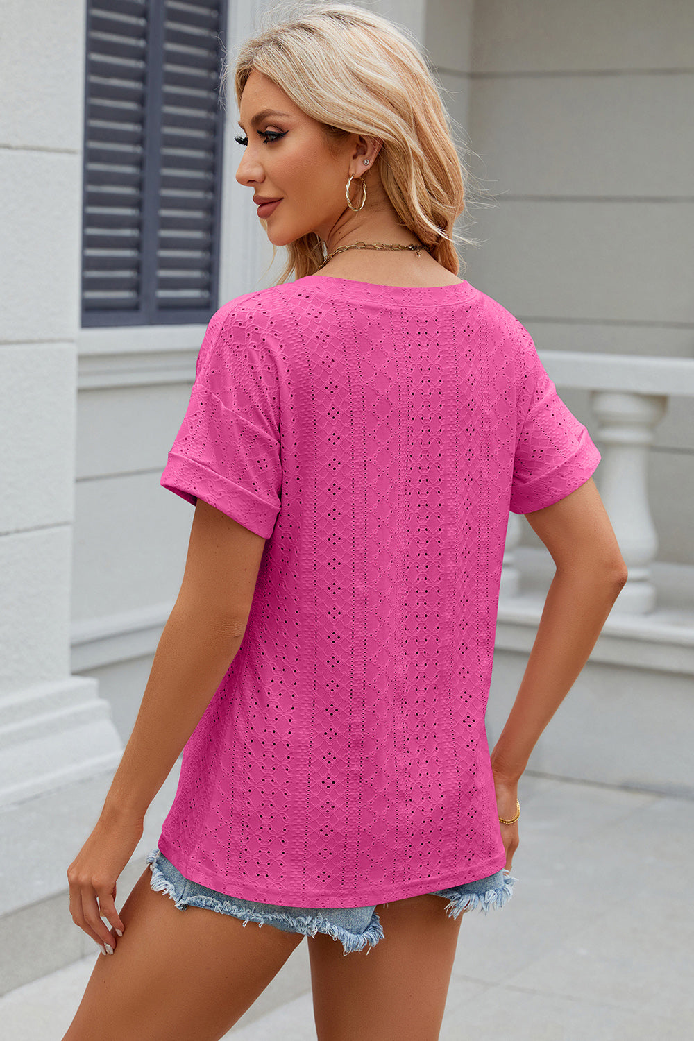 Eyelet V-Neck Short Sleeve T-Shirt T-Shirt Trendsi   