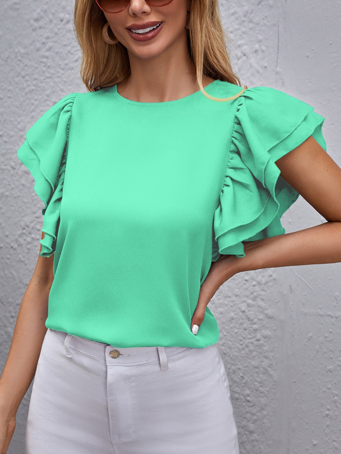 Round Neck Flounce Sleeve Blouse Blouse Trendsi Tiffany Blue S 